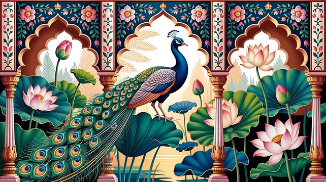 Intricate indian mughal architectural design featuring elephants palm trees and floral motifs