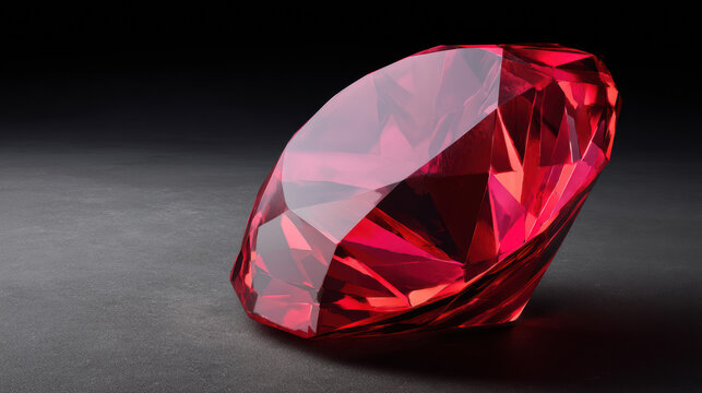 A vividly red faceted ruby gem reflects light beautifully across its surface creating depth and sparkle against a subtle gradient gray backdrop for luxury design.
