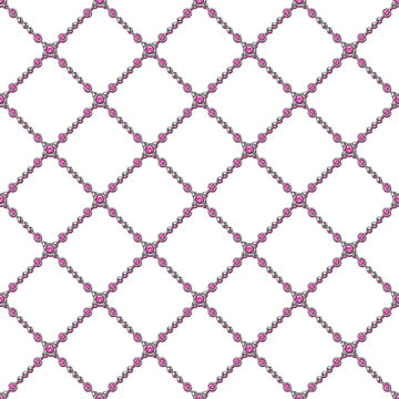 Seamless patterns with silver jewelry chains with pink crystals arranged in geometric diagonal square grid like lattice. Transparent background. Luxury design