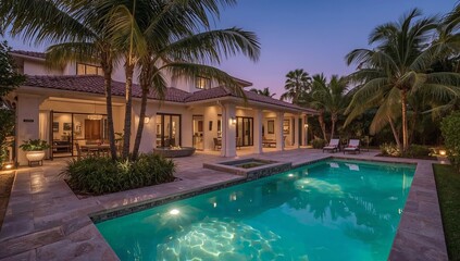 Fototapeta premium Modern House With Pool Near Palm Trees at Sunset in a Tropical Location