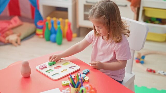 Little girl placing wooden puzzle piece on red table in preschool building; concentration early learning play.
