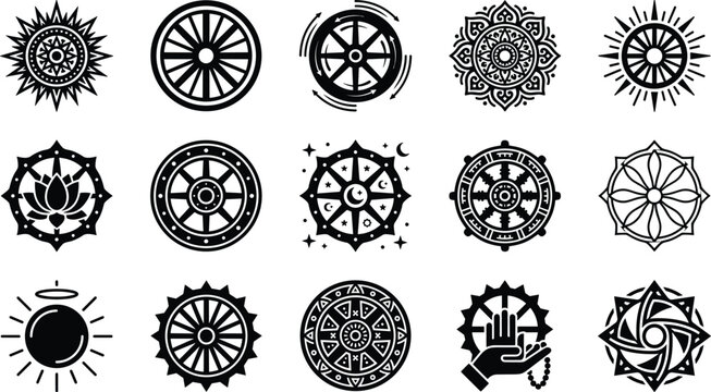 Set of black and white dharma wheel icons for buddhist religious symbols