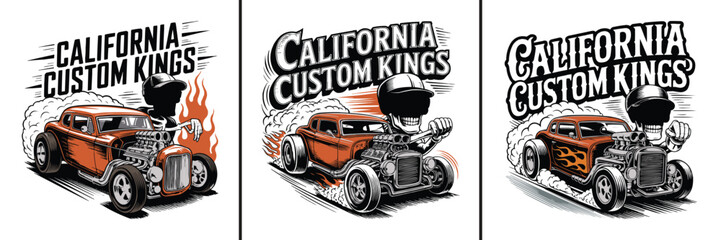 Fototapeta premium Three vintage hot rod cars with skulls driving fast designs