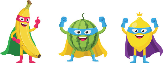 Funny superhero fruits cartoon characters set, banana watermelon lemon mascots flat vector graphic design illustration © Sohel