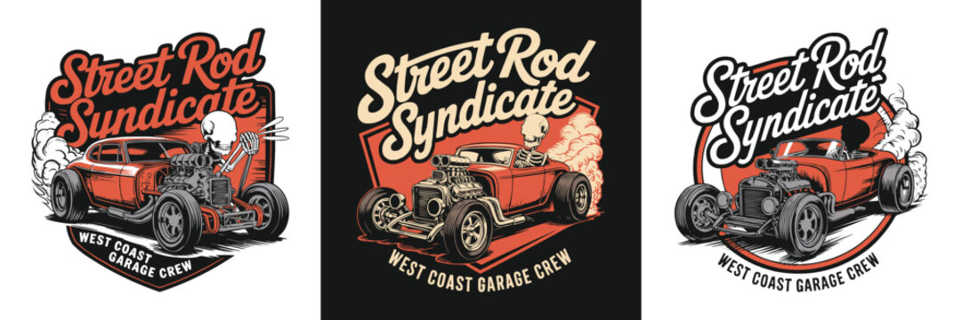 Three vintage street rod car emblems featuring a cool skeleton