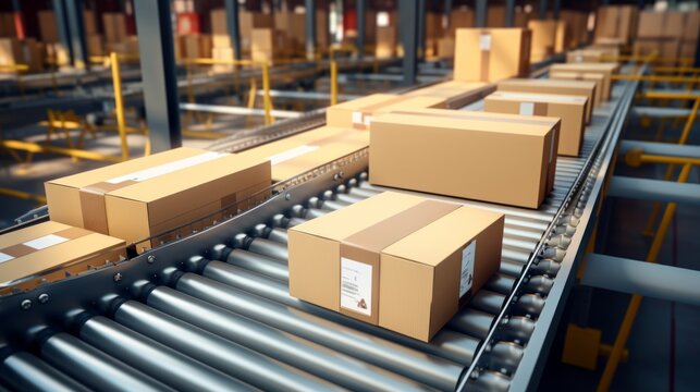 Many packages are transported on a conveyor belt for delivery