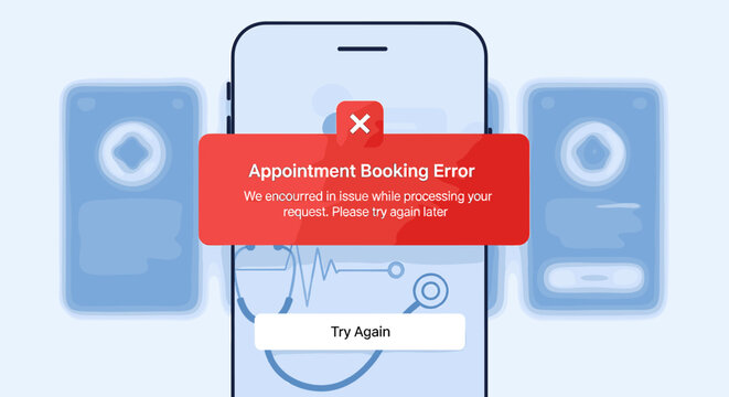 Mobile medical appointment booking application showing an error notification message on the screen.