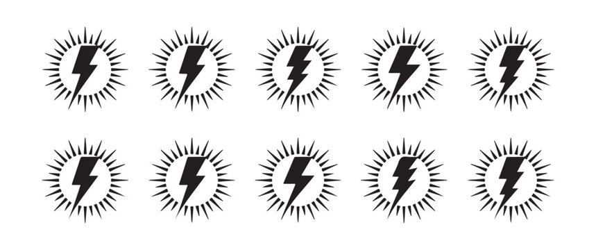 Set of Black Lightning Bolt Icons within Radiant Sunburst Circles