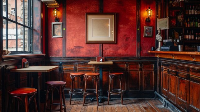 A blank picture frame hanging on the old textured wooden wall in a cosy old english or irish pub