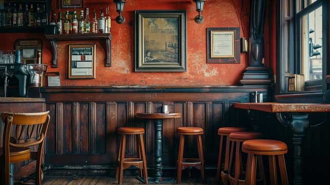 A blank picture frame hanging on the old textured wooden wall in a cosy old english or irish pub