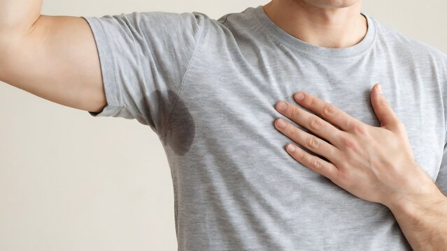 Man showing armpit with sweat stain on grey t-shirt. concept of hyperhidrosis and excessive sweating.