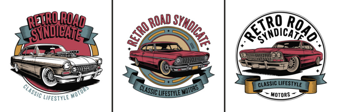 Vintage classic muscle car emblems with retro road syndicate text