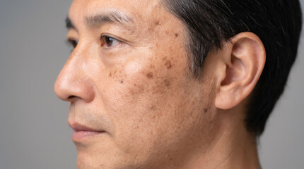 Fototapeta premium 男性の頬のシミ メンズスキンケアや美容医療の悩みのクローズアップ