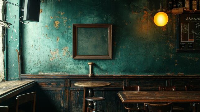 A blank picture frame hanging on the old textured wooden wall in a cosy old english or irish pub