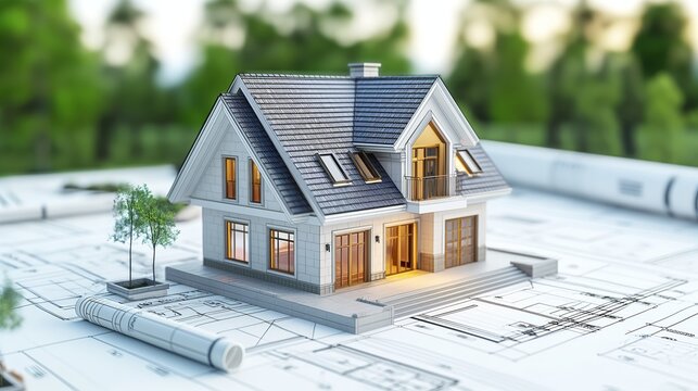 3d rendering illustration of new building model house on blueprint plan