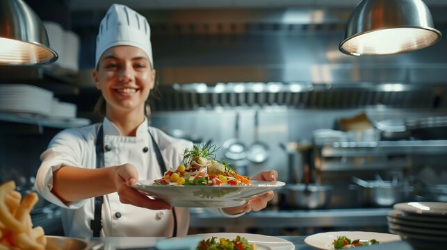 female chef cooks and presents a dish in the kitchen of a luxury restaurant