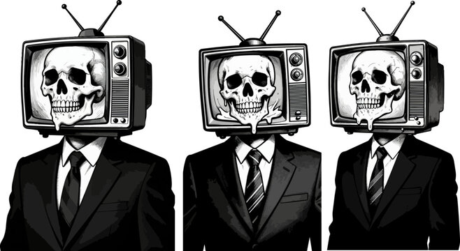 Black and white illustration, skulls on old TVs, businessmen with television heads, creepy office workers, monochrome vector graphics