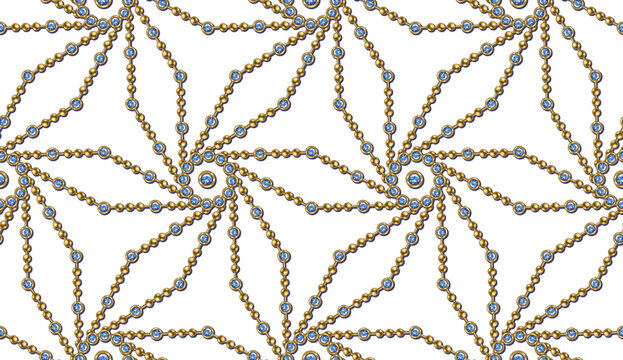 Seamless jewelry pattern with flower shaped geometric forms made of realistic gold chains with blue gems. Hexagonal ornament with zigzag lines on transparent background. Luxury design