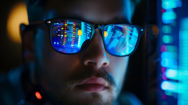 Data from a computer network is reflected in the glasses of a criminal hacker