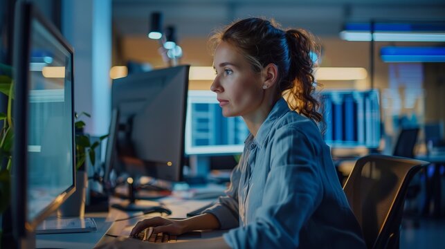 A woman works as an operator specialist in a computer data center in front of many monitors with charts and data