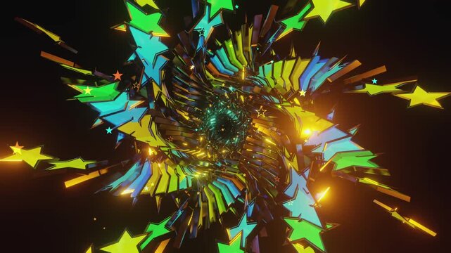 Seamless VJ loop with glowing neon stars spiral tunnel and psychedelic motion for high-tech club visuals, electronic music festivals, stage screens and for LED video walls
