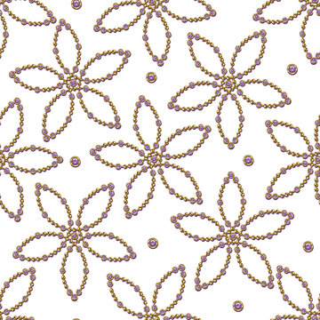 Seamless pattern with flower shaped geometric forms made of realistic gold chains with purple gems. Scattered elements on transparent background. Luxury design