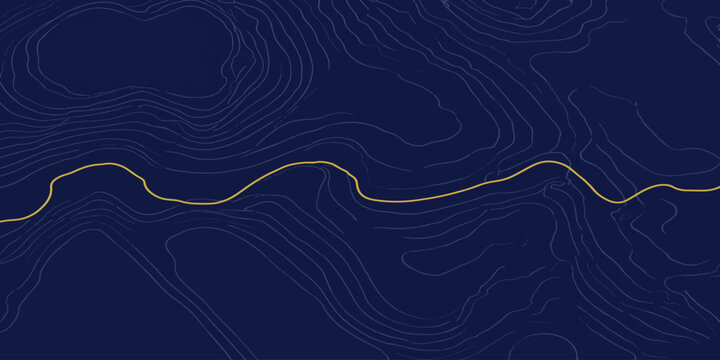 Gold topographic map line pattern on dark navy blue background with topographic background abstract cartography geography navigation minimalist backdrop artistic creative visualization