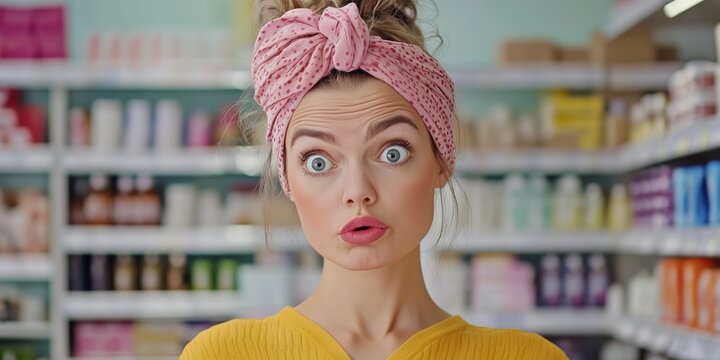 A woman is shopping in a supermarket with lots of goods on the shelves
