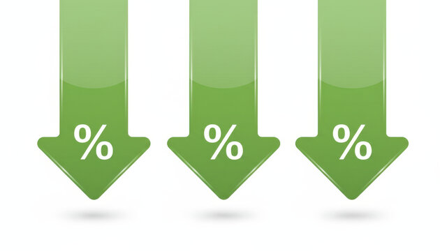 Three green downward arrows icon with discount symbols showing price reduction