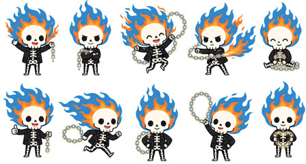 Fototapeta premium Flaming Skull Halloween Cartoon Character Set with Fire Chains Vectors