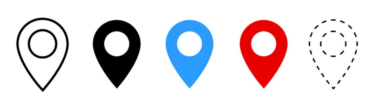 Map pin icon set with multiple styles, flat vector location pointer collection isolated on white background.