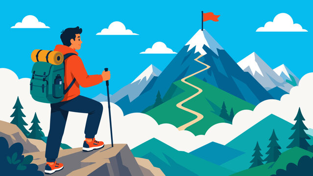 Hiker stands ready to climb toward mountain peak. Trail winds through clouds and pine forests. Red flag marks summit's challenge ahead. Vibrant colors show energy and determination