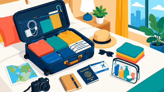 Open suitcase filled with neatly folded clothes and travel accessories, ready for a vacation. Colorful flat illustration representing trip preparation, tourism, organization and travel planning.