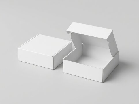 Two white cardboard mailer boxes on a neutral background with one box open revealing interior space for product packaging