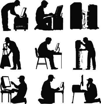Black silhouette vector illustration set showing various technical workers performing maintenance tasks on computers and server racks in professional settings