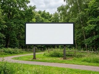 Fototapeta premium Blank billboard in a lush green forest setting during daytime offering ample copy space for advertisements