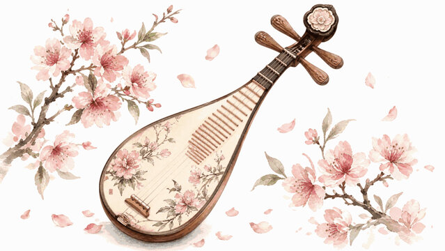 mandolin Melody Beneath Blossoms isolated watercolor vector illustration svg