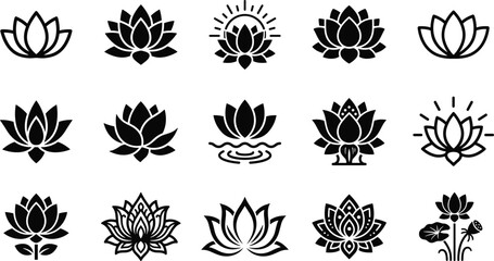 Fototapeta premium Set of black lotus flower icons and spa symbols on a white background