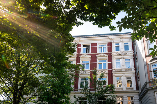 Beautiful historic apartment building in Hamburg in North Germany on a sunny day