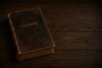 Obraz premium Atmospheric still life of vintage medical anatomy book on dark wooden background