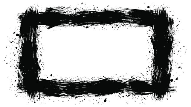 Distressed black ink brush stroke frame with paint splatters hand drawn splatter distressed rectangular artistic abstract isolated creative background decoration illustration composition