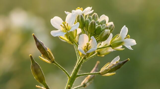 A close-up view of the delicate white flowers and green seed pods of a Camelina sativa plant, showcasing the intricate textures and details in spring.