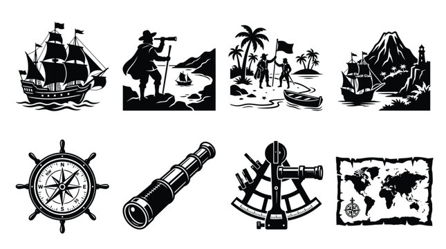 Maritime Exploration and Navigation Silhouette Vector Set