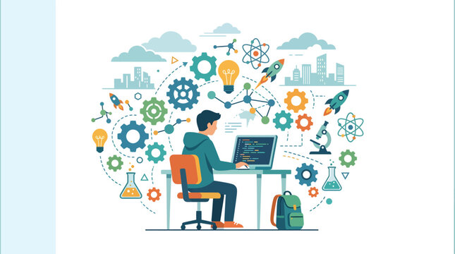 Innovative student surrounded by dynamic STEM education icons, illustrating interdisciplinary learning and future technology, for educational platforms, career development, and modern innovation