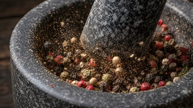 Freshly ground mixed peppercorns in a dark granite mortar and pestle for seasoning.