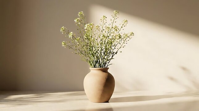 A rustic terracotta vase filled with delicate camelina sativa flowers sits on a table against a minimalist beige wall with soft natural sunlight shadows
