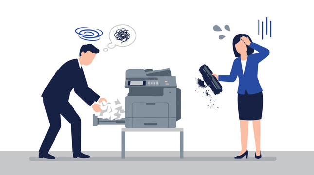 Man fixing broken office printer while frustrated woman holds briefcase near it