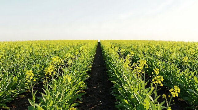 A vast agricultural field featuring blooming Camelina sativa plants arranged in neat rows under a bright clear sky, representing sustainable farming.