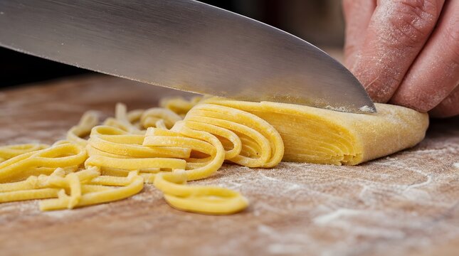 Hands skillfully cutting fresh pasta dough into delicate strips on a floured surface.