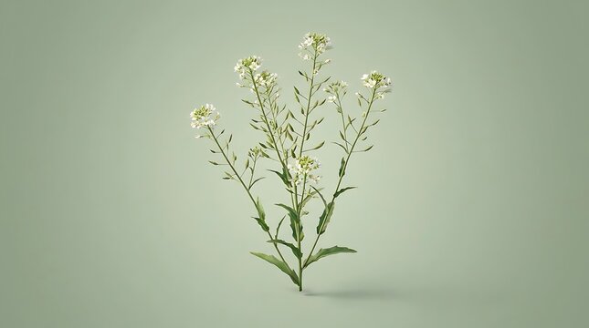 A detailed isolated studio shot of a Camelina sativa plant featuring delicate white flowers and green seed pods set against a soft sage green background